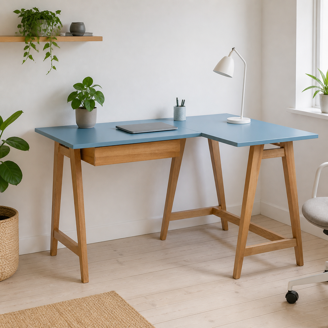 LUKA Hjørneskrivebord B115cm x D85cm Blå Eg Højre Side – hele produktet lukket i hjemmet