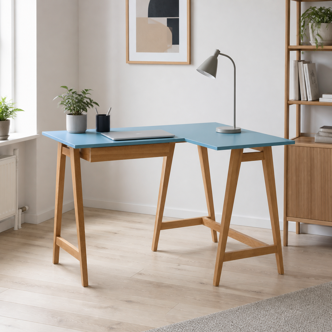 LUKA Hjørneskrivebord B115cm x D85cm Blå Eg Højre Side – anden naturlig anvendelse eller vinkel