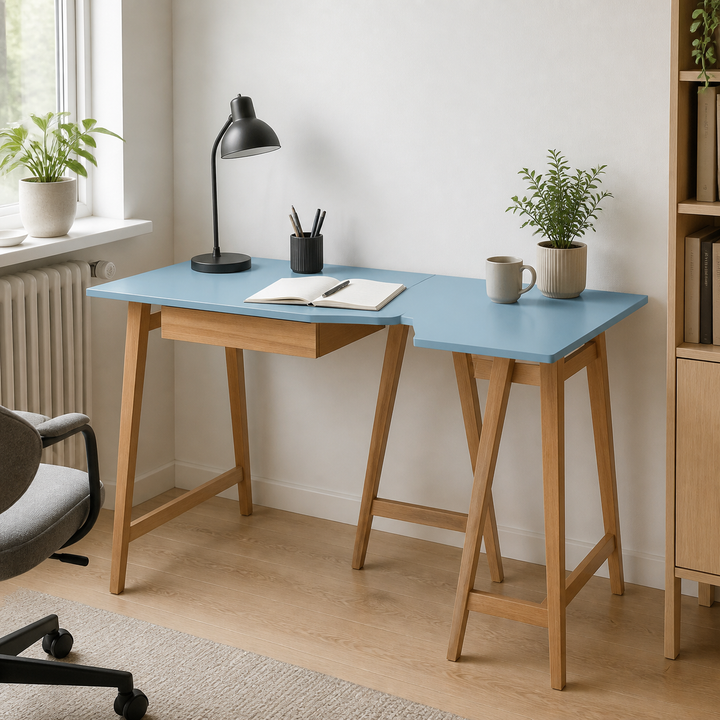 LUKA Hjørneskrivebord B115cm x D85cm Blå Eg Højre Side – supplerende neutral dagslysscene