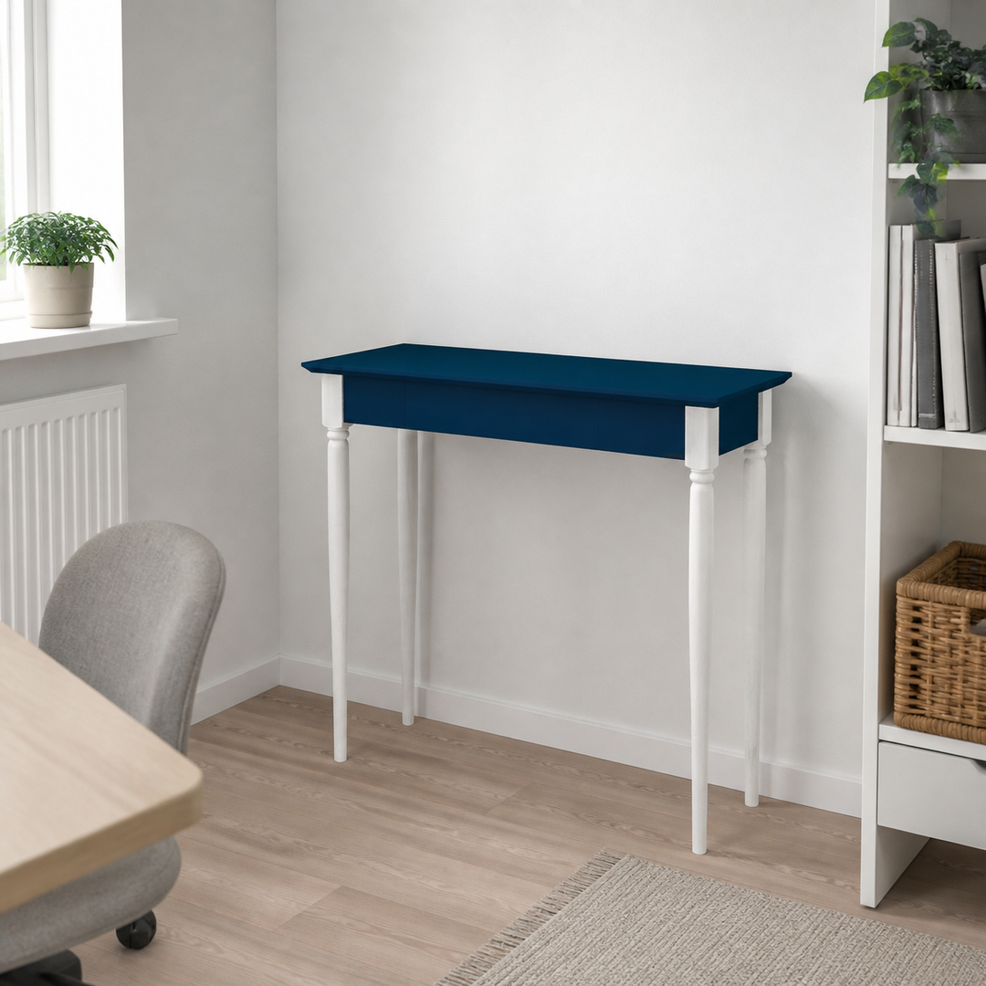 MAMO Skrivebord 85x40 cm Hvide Ben / Petrol Blå – hele produktet lukket i hjemmet