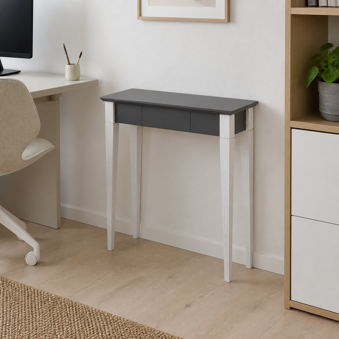 MIMO Skrivebord - 65x40cm Hvide Ben / Mørkegrå – hele produktet lukket i hjemmet