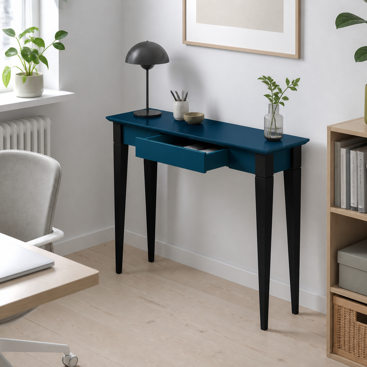 MIMO Skrivebord - 85x40cm Sorte Ben / Petrol Blå – vigtigste funktion