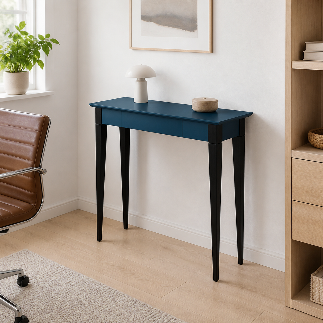 MIMO Skrivebord - 85x40cm Sorte Ben / Petrol Blå – hele produktet lukket i hjemmet