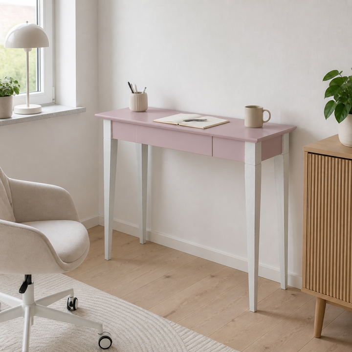 MIMO Skrivebord 85x40cm Hvide Ben / Pink – supplerende neutral dagslysscene
