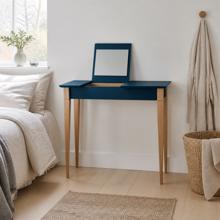 MIMO Sminkebord med spejl - 105x35cm Benzinblå – hele produktet lukket i hjemmet