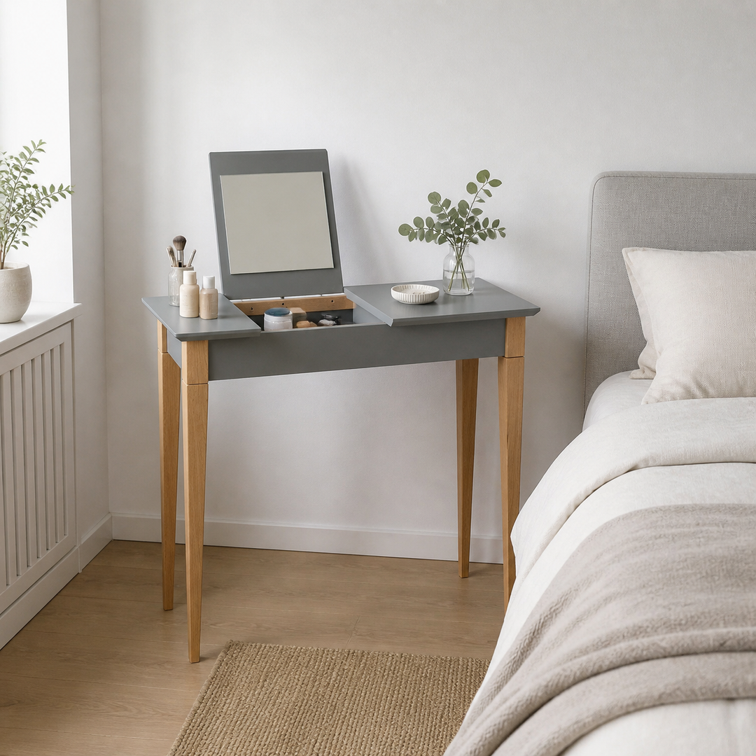MIMO Sminkebord med spejl - 105x35cm Mørkegrå – hero i naturlig brug
