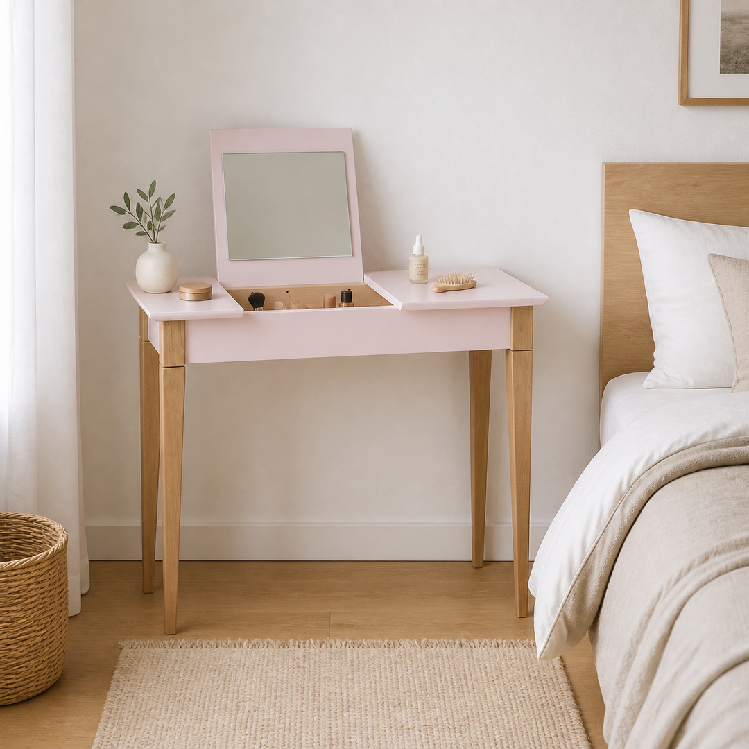 MIMO Sminkebord med spejl - 105x35cm Pink – supplerende neutral dagslysscene