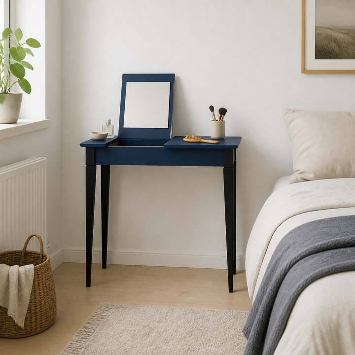 MIMO Sminkebord med spejl - 65x35 cm sorte ben / marineblå – hele produktet lukket i hjemmet