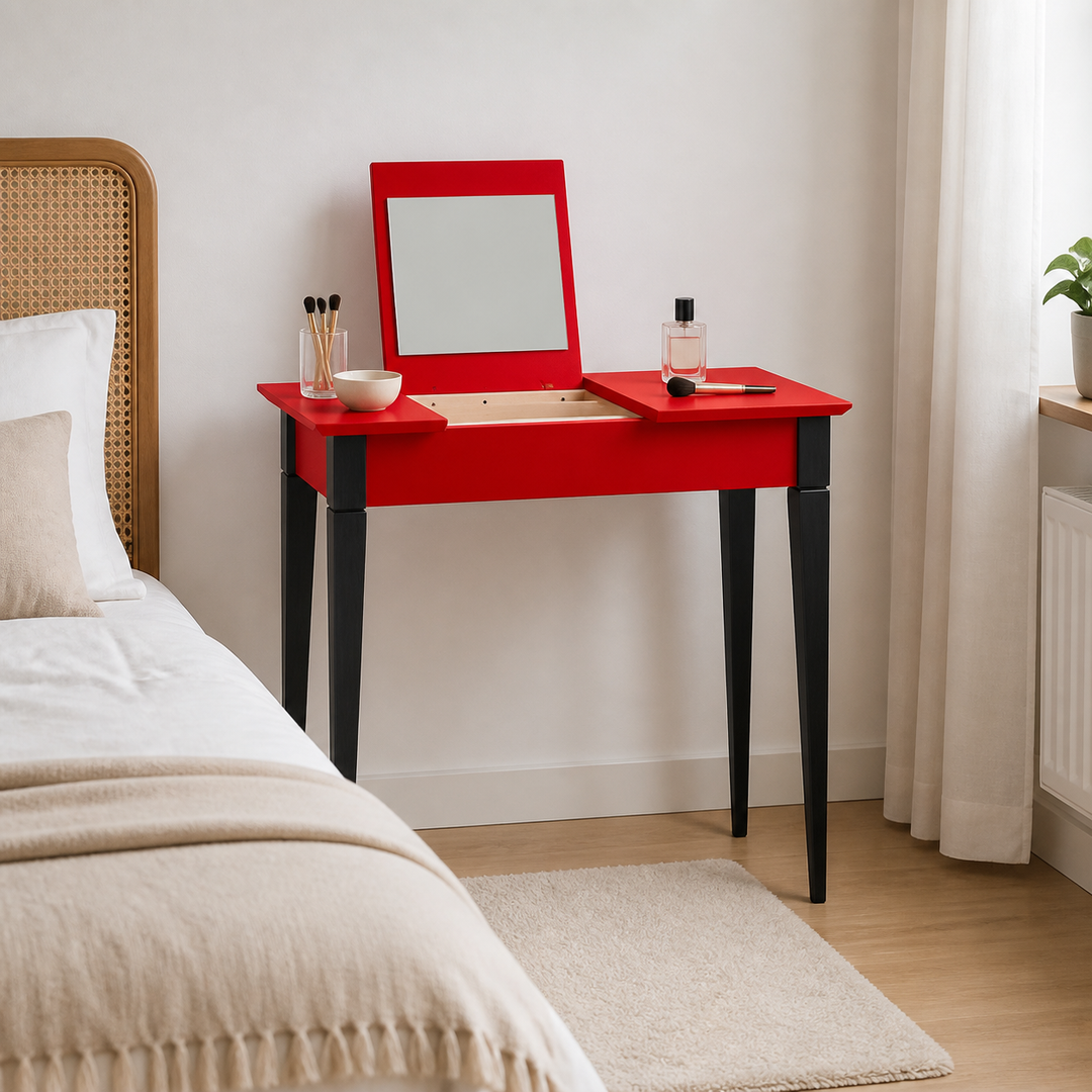 MIMO Sminkebord med spejl - 65x35 cm sorte ben / røde – hero i naturlig brug