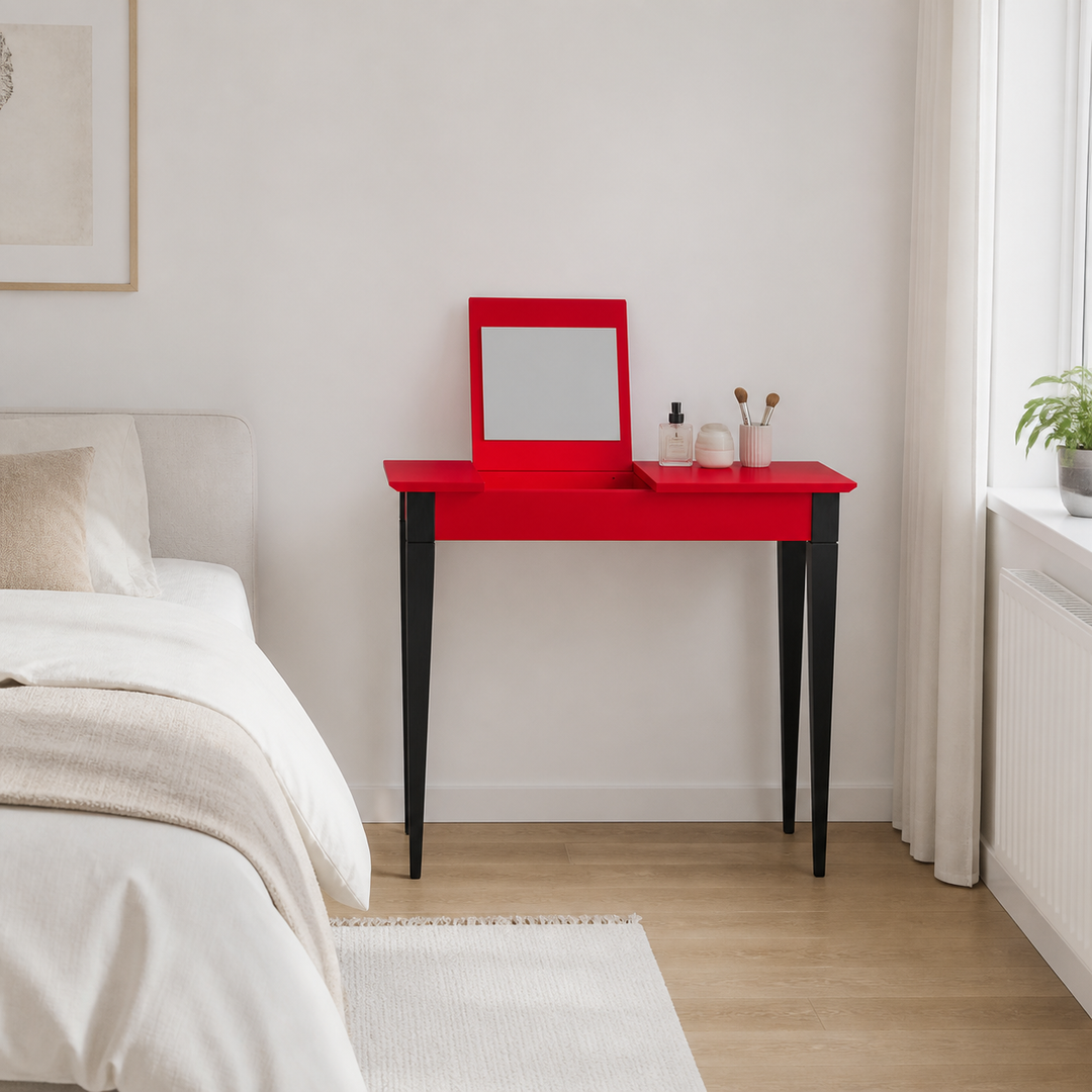 MIMO Sminkebord med spejl - 65x35 cm sorte ben / røde – hele produktet lukket i hjemmet