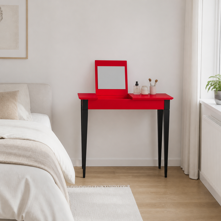 MIMO Sminkebord med spejl - 65x35 cm sorte ben / røde – hele produktet lukket i hjemmet