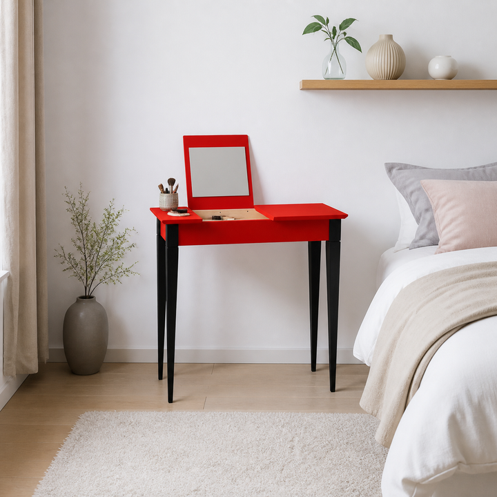 MIMO Sminkebord med spejl - 65x35 cm sorte ben / røde – supplerende neutral dagslysscene