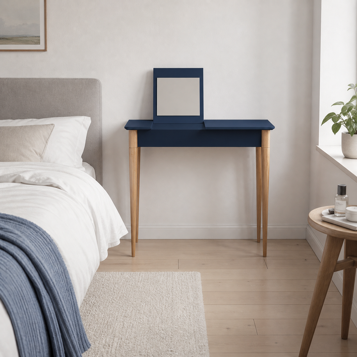 MIMO Sminkebord med spejl - 65x35cm Marineblå – hele produktet lukket i hjemmet