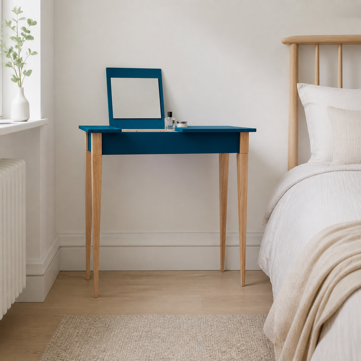 MIMO Sminkebord med spejl - 65x35cm Petrol Blue – hele produktet lukket i hjemmet