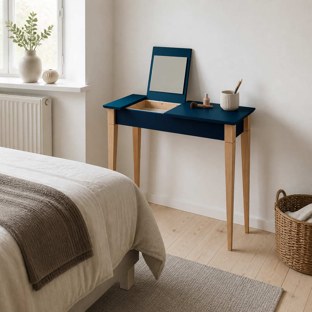 MIMO Sminkebord med spejl - 65x35cm Petrol Blue – anden naturlig anvendelse eller vinkel