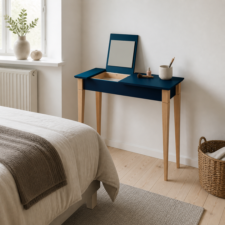 MIMO Sminkebord med spejl - 65x35cm Petrol Blue – anden naturlig anvendelse eller vinkel