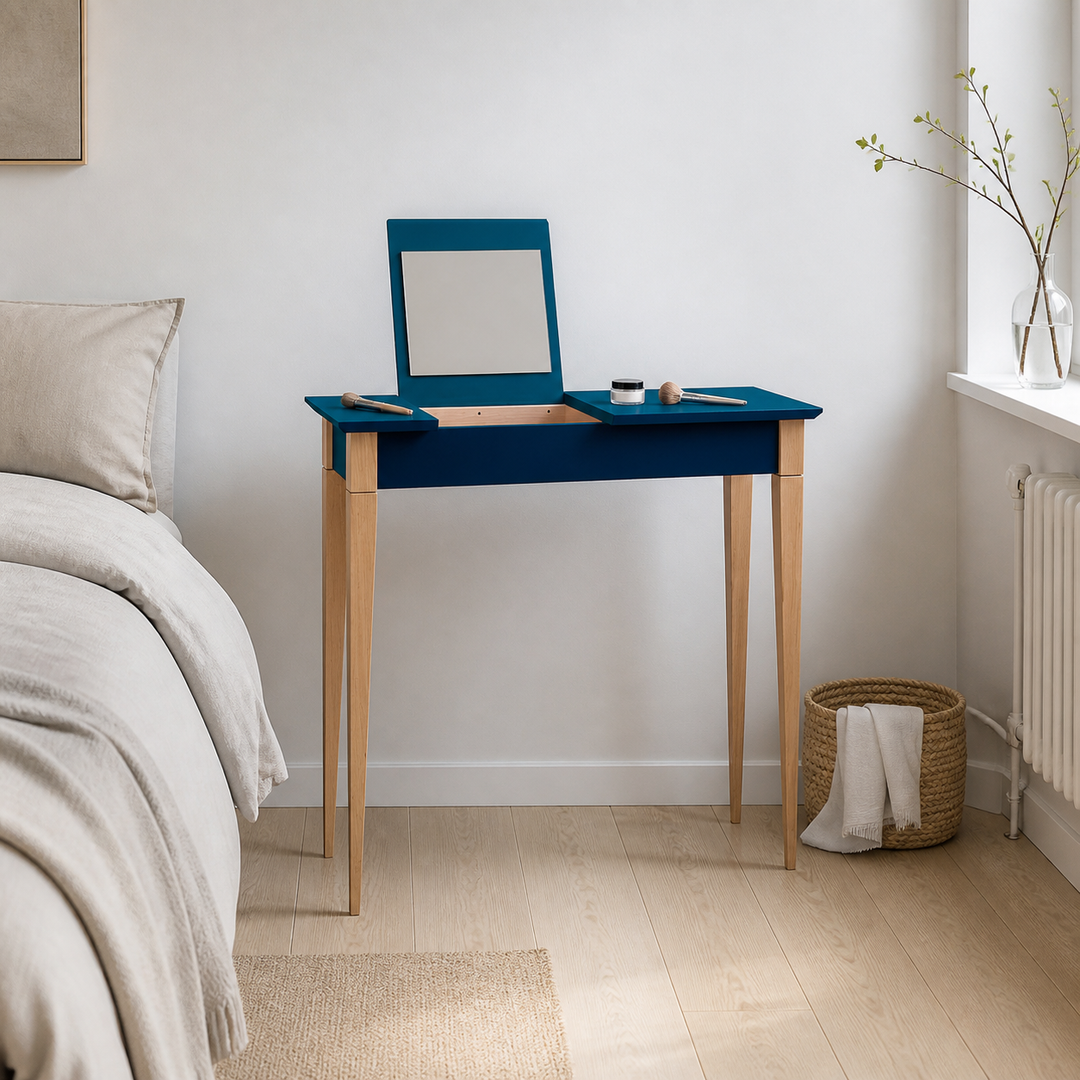 MIMO Sminkebord med spejl - 65x35cm Petrol Blue – supplerende neutral dagslysscene