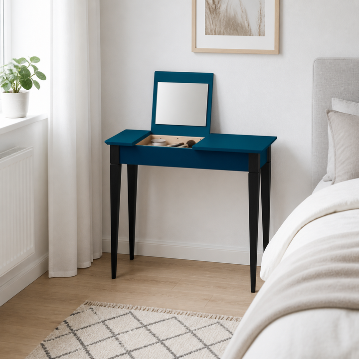 MIMO Sminkebord med spejl - 85x35 cm sorte ben / petrolblå – vigtigste funktion