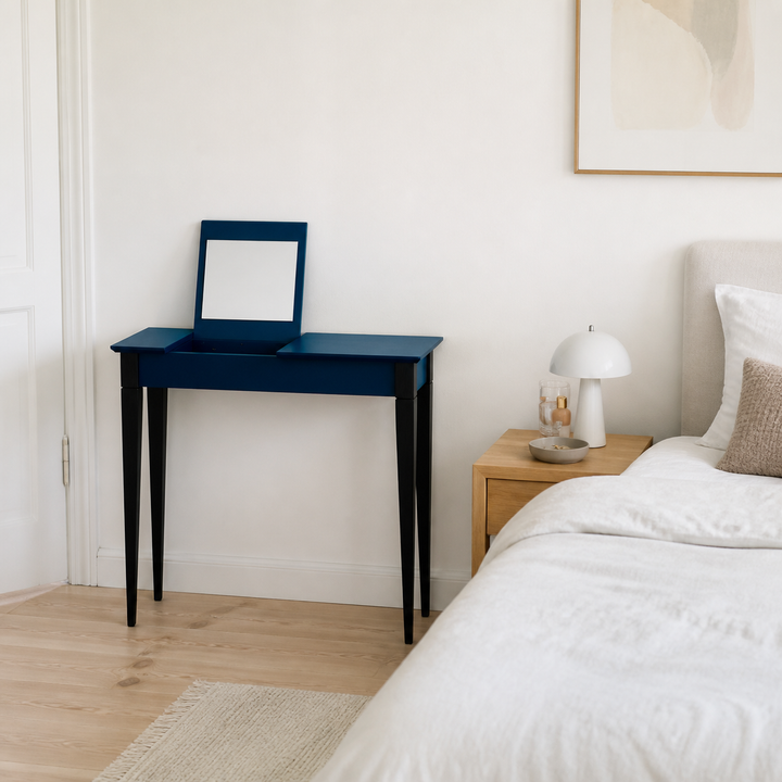 MIMO Sminkebord med spejl - 85x35 cm sorte ben / petrolblå – hele produktet lukket i hjemmet