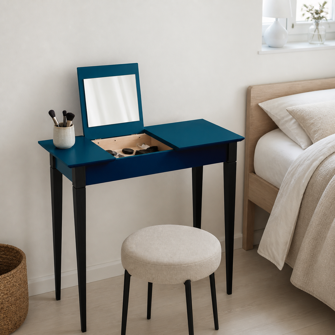 MIMO Sminkebord med spejl - 85x35 cm sorte ben / petrolblå – materiale- eller konstruktionsdetalje