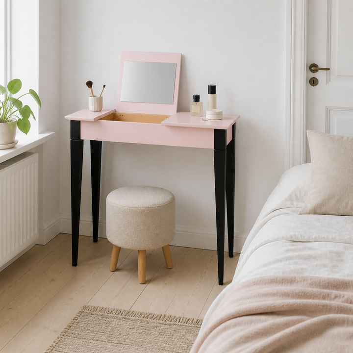 MIMO Sminkebord med spejl - 85x35 cm sorte ben / Pink – anden naturlig anvendelse eller vinkel