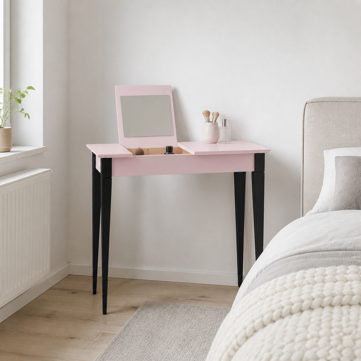 MIMO Sminkebord med spejl - 85x35 cm sorte ben / Pink – supplerende neutral dagslysscene