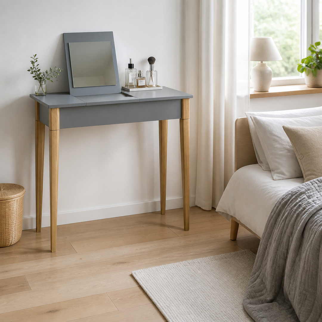 MIMO Sminkebord med spejl - 85x35cm Mørkegrå – hele produktet lukket i hjemmet