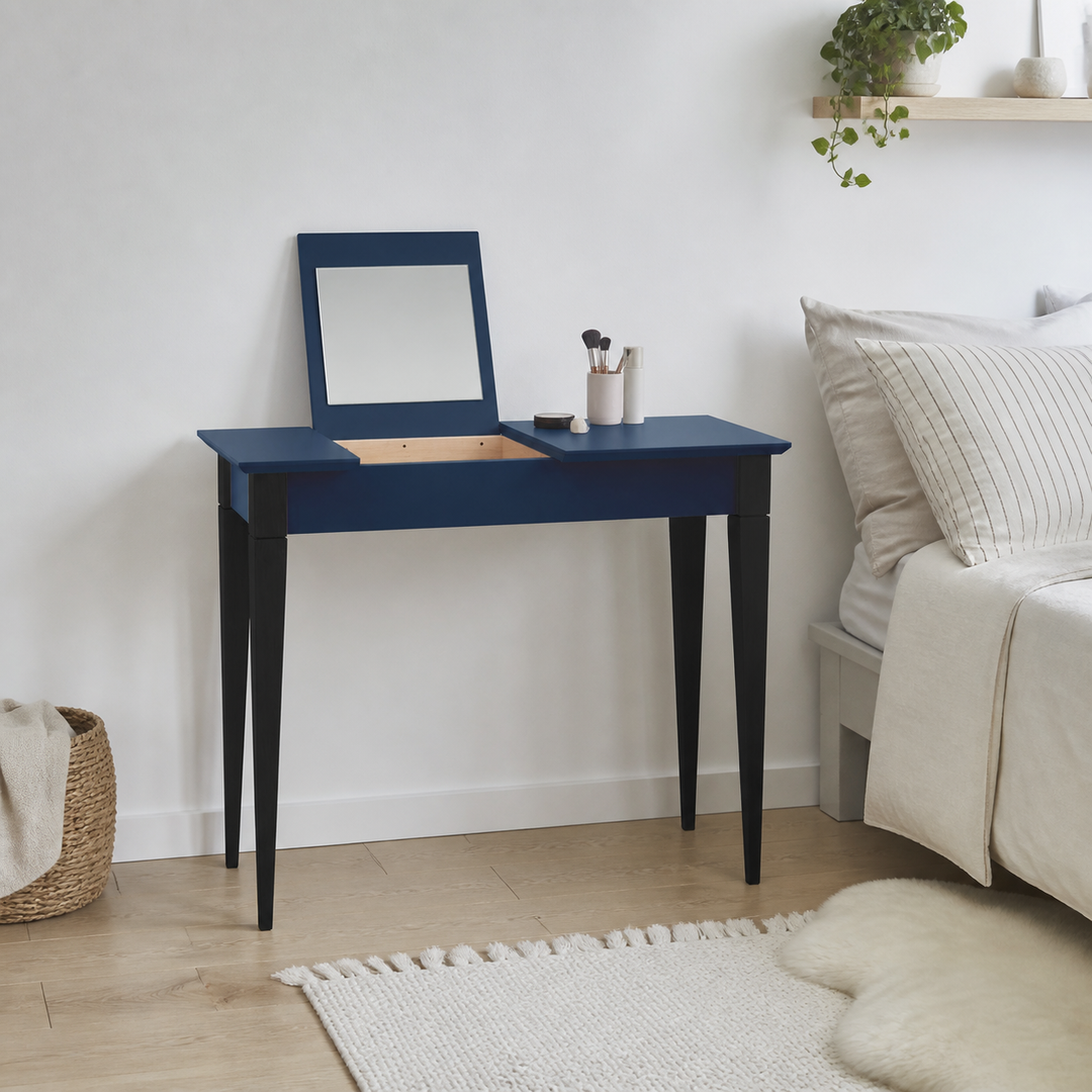 MIMO Sminkebord med spejl 105x35 cm sorte ben/marineblå – hero i naturlig brug