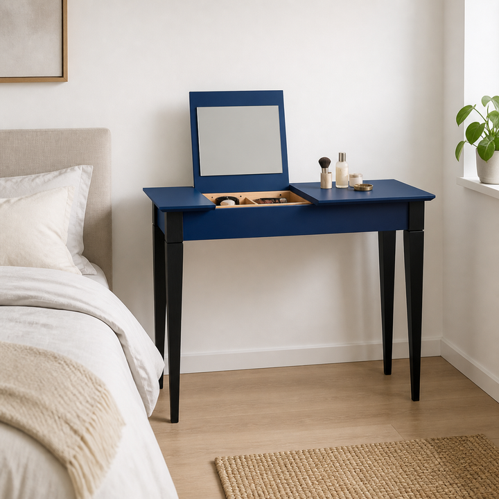 MIMO Sminkebord med spejl 105x35 cm sorte ben/marineblå – vigtigste funktion