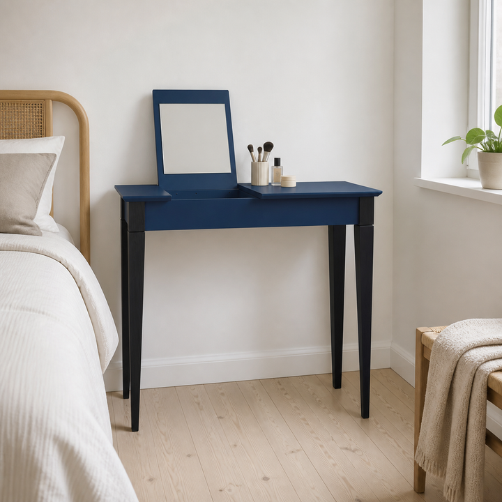 MIMO Sminkebord med spejl 105x35 cm sorte ben/marineblå – hele produktet lukket i hjemmet