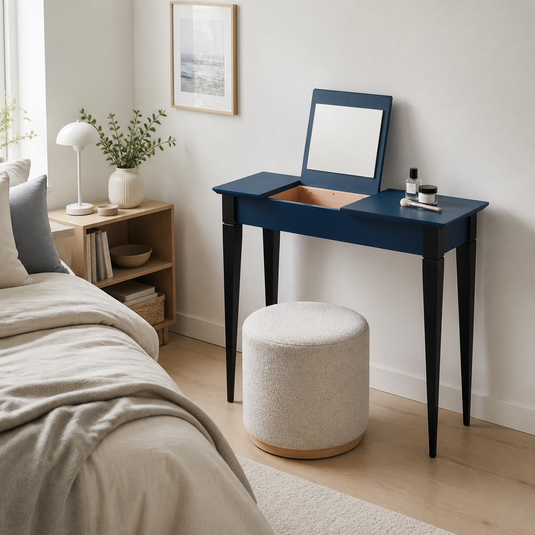 MIMO Sminkebord med spejl 105x35 cm sorte ben/marineblå – anden naturlig anvendelse eller vinkel