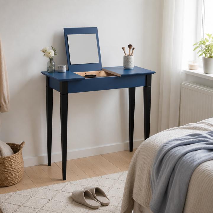 MIMO Sminkebord med spejl 105x35 cm sorte ben/marineblå – supplerende neutral dagslysscene
