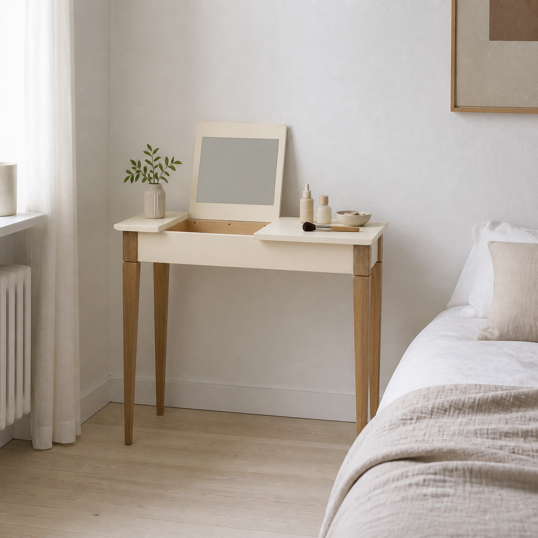 MIMO Sminkebord med spejl 85x35cm Kridthvid (chalk) – supplerende neutral dagslysscene