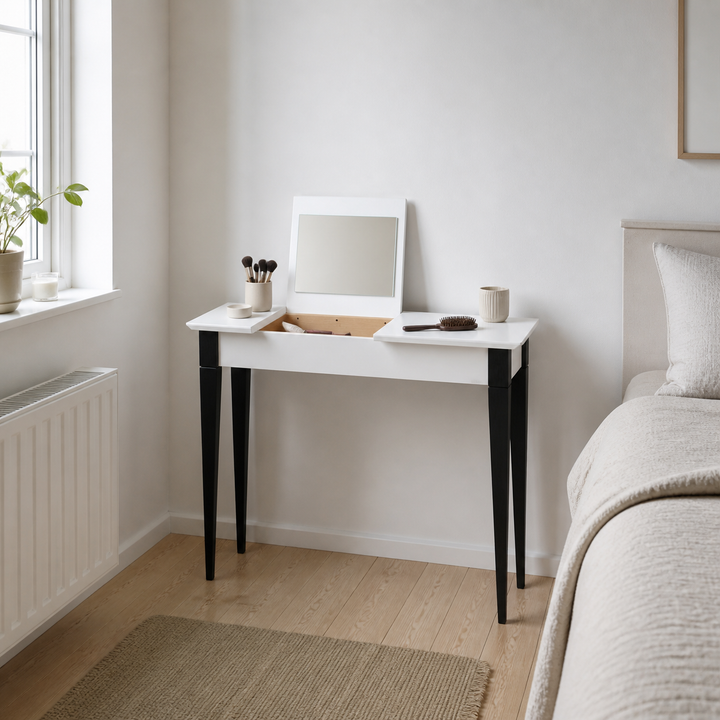 MIMO Sminkebord med spejl 85x35cm sorte ben / hvid – supplerende neutral dagslysscene