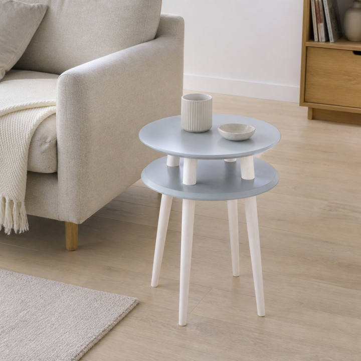 UFO Sidebord diameter 45cm x H 61cm - Lysegrå bordplade/hvide ben – vigtigste funktion