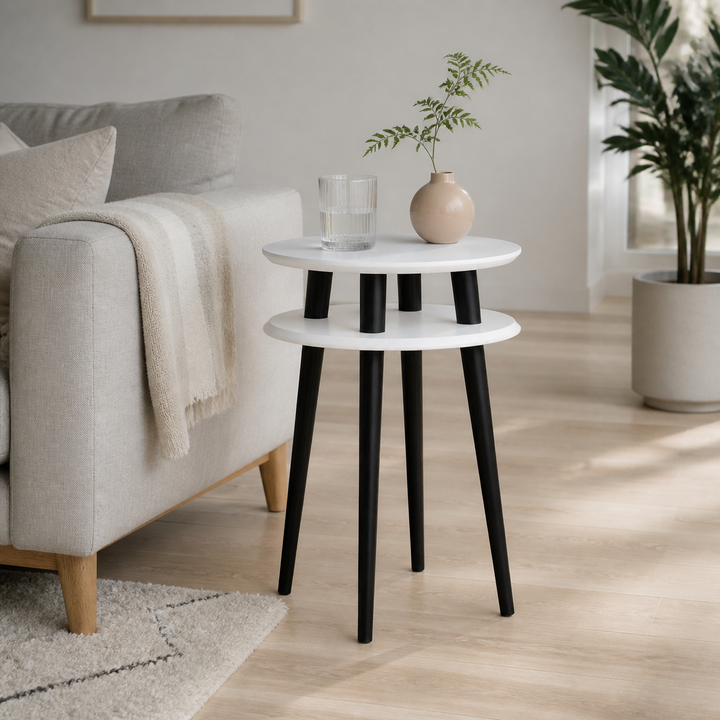UFO Sidebord diameter 45cm x H 61cm Hvide sorte ben – hele produktet lukket i hjemmet