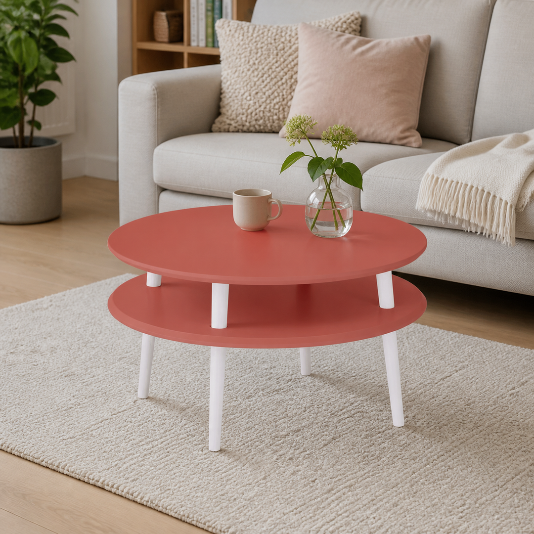 UFO Sofabord Diam 70cm x Højde 35cm Antik Pink Hvide Ben – hero i naturlig brug