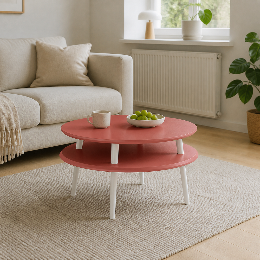 UFO Sofabord Diam 70cm x Højde 35cm Antik Pink Hvide Ben – hele produktet lukket i hjemmet