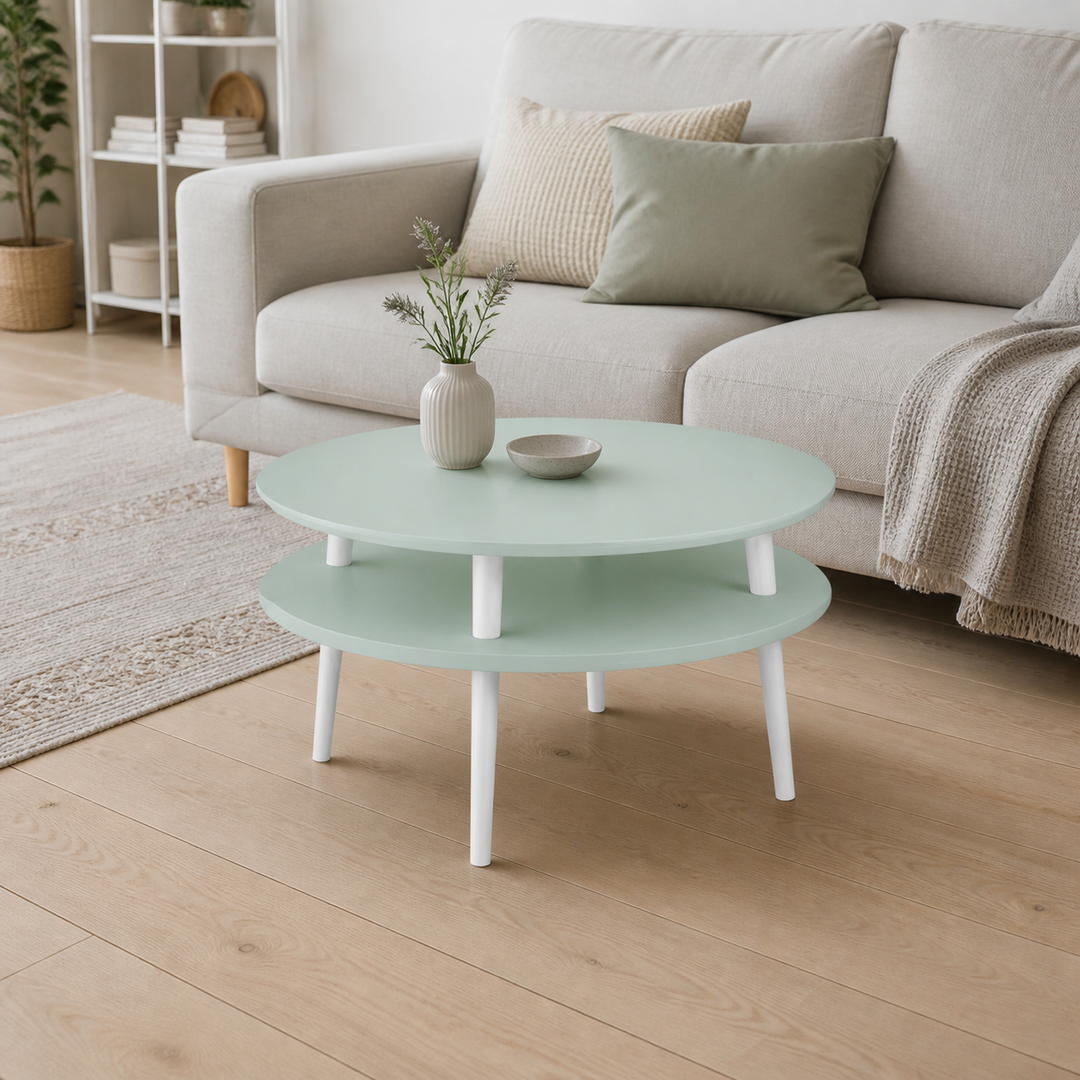 UFO Sofabord Diam 70cm x Højde 35cm Fleeting Mint Hvide Ben – hero i naturlig brug