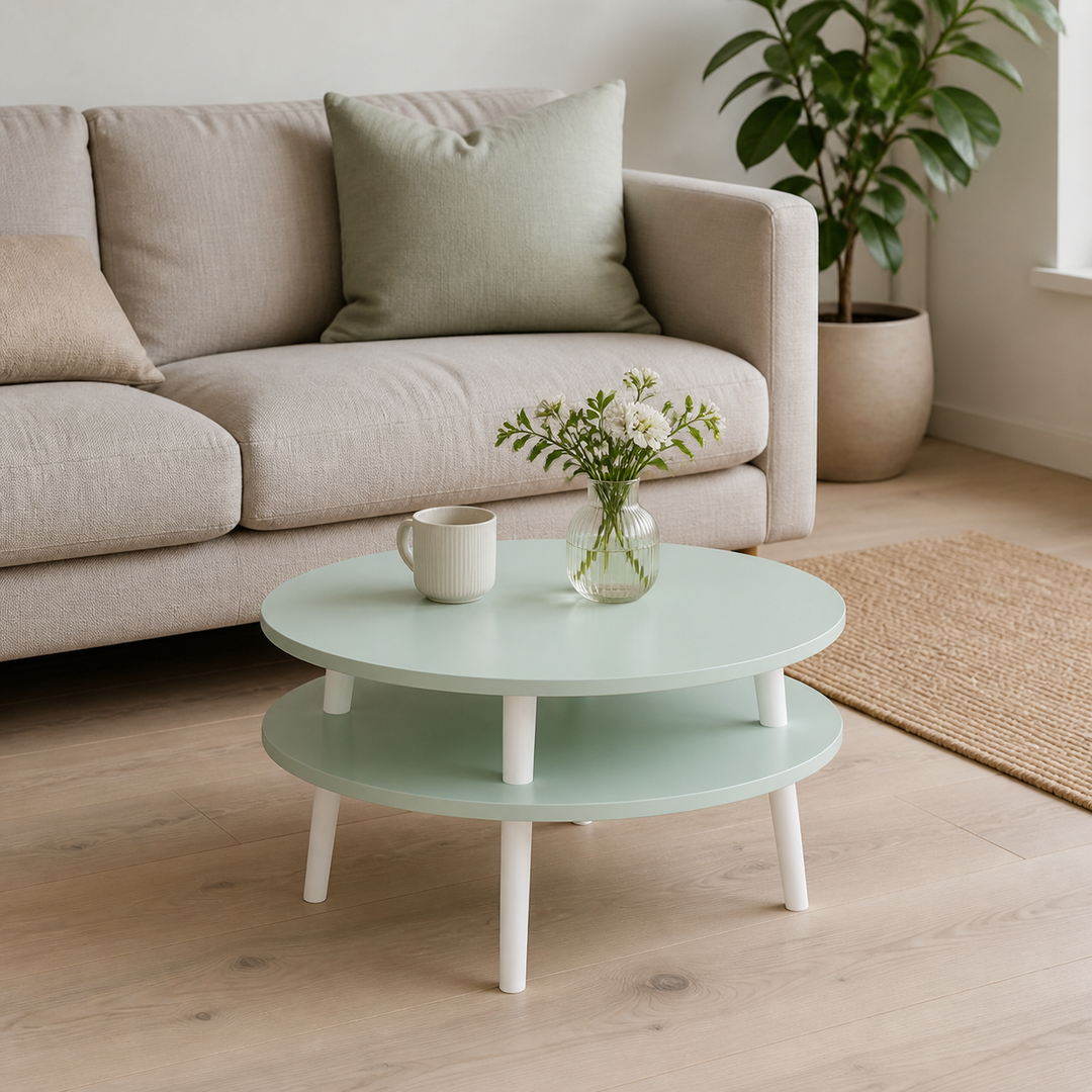 UFO Sofabord Diam 70cm x Højde 35cm Fleeting Mint Hvide Ben – hele produktet lukket i hjemmet