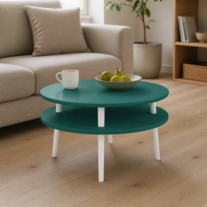 UFO Sofabord Diam 70cm x Højde 35cm Grøn Hvide Ben – hero i naturlig brug