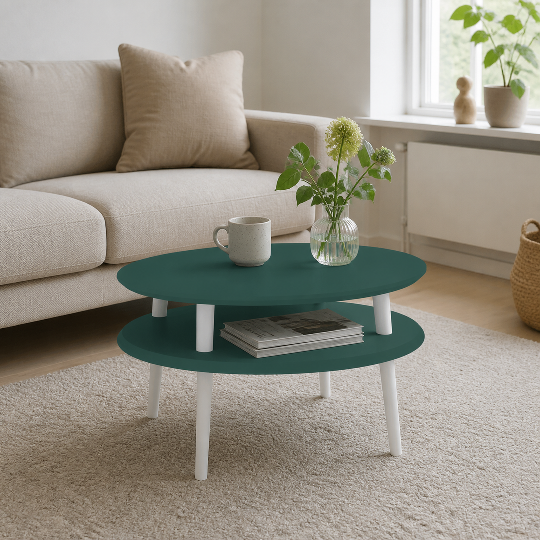 UFO Sofabord Diam 70cm x Højde 35cm Grøn Hvide Ben – vigtigste funktion