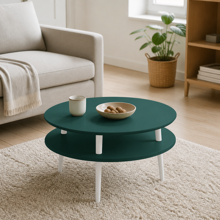 UFO Sofabord Diam 70cm x Højde 35cm Grøn Hvide Ben – hele produktet lukket i hjemmet