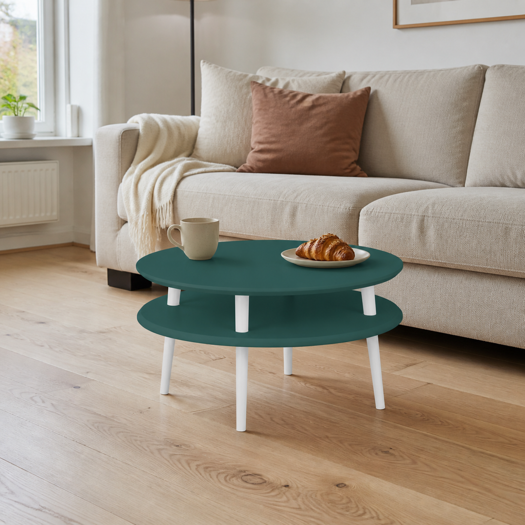 UFO Sofabord Diam 70cm x Højde 35cm Grøn Hvide Ben – supplerende neutral dagslysscene