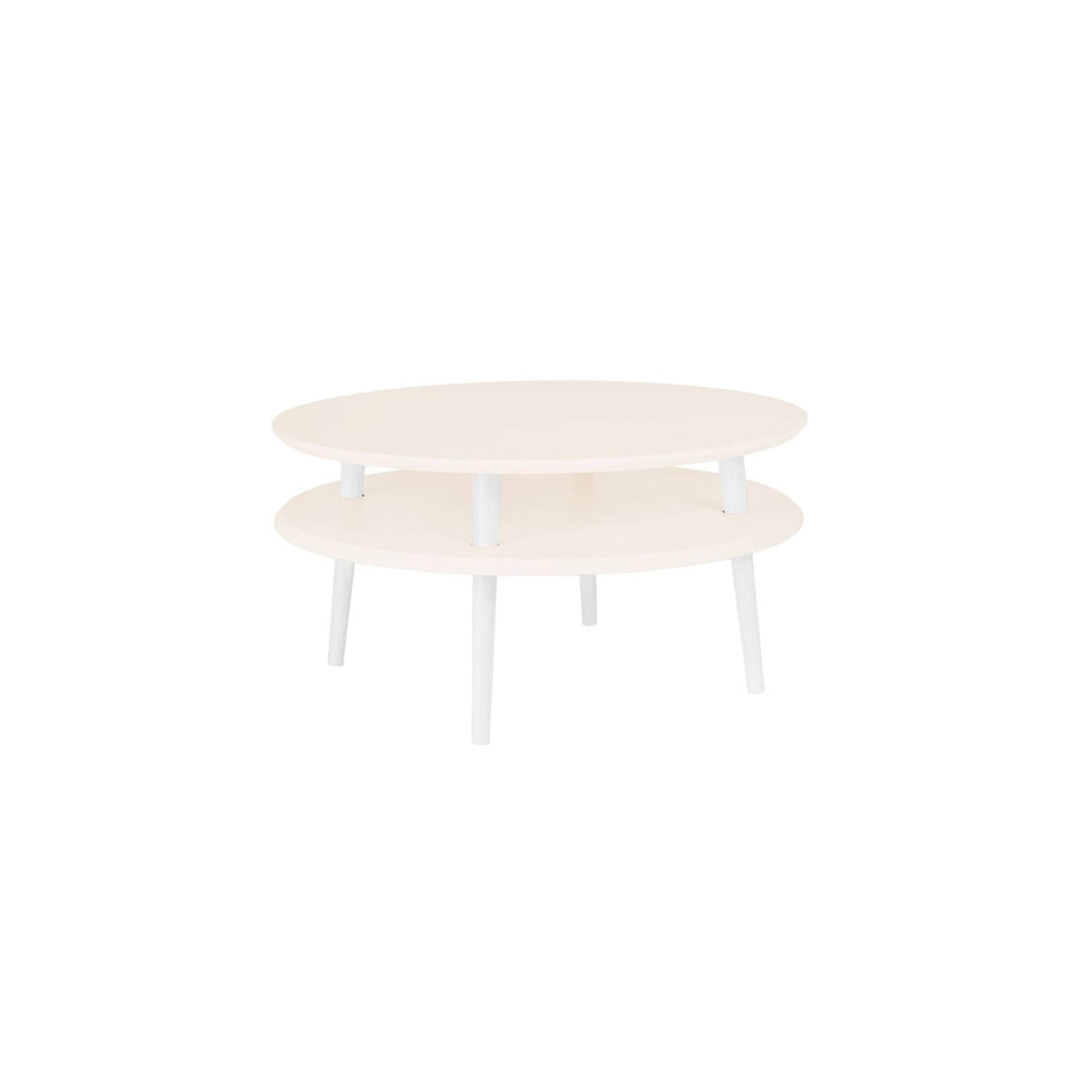 UFO Sofabord Diam 70cm x Højde 35cm Hvid med Hvide Ben – eksakt packshot på hvid baggrund