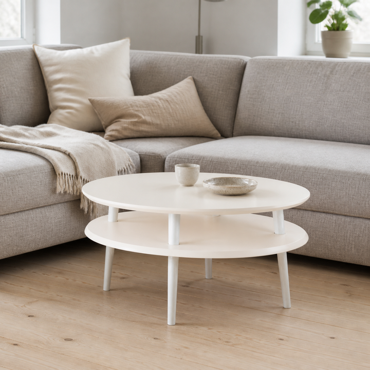 UFO Sofabord Diam 70cm x Højde 35cm Hvid med Hvide Ben – hele produktet lukket i hjemmet