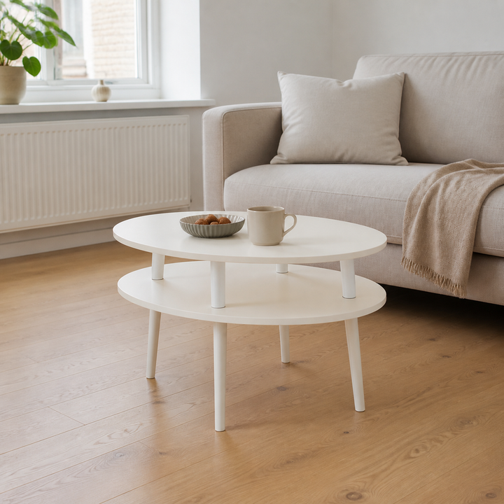 UFO Sofabord Diam 70cm x Højde 35cm Hvid med Hvide Ben – supplerende neutral dagslysscene