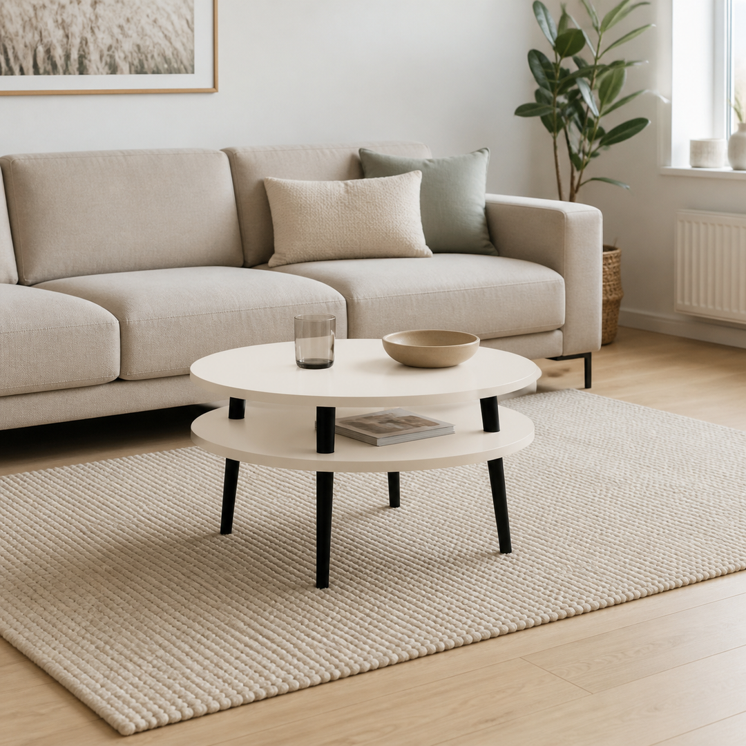 UFO Sofabord Diam 70cm x Højde 35cm Kridthvid med sorte ben – hele produktet lukket i hjemmet