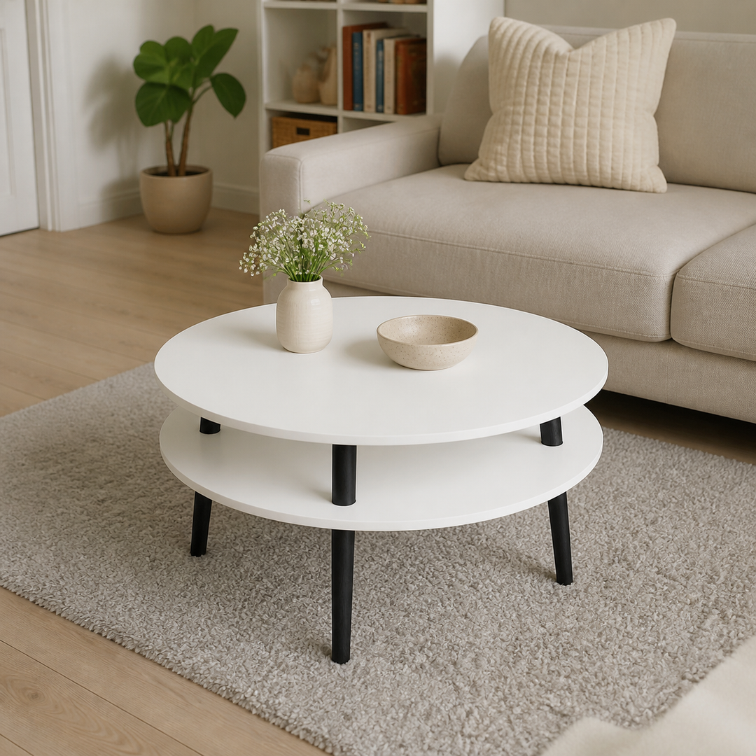 UFO Sofabord Diam 70cm x Højde 35cm Kridthvid med sorte ben – anden naturlig anvendelse eller vinkel