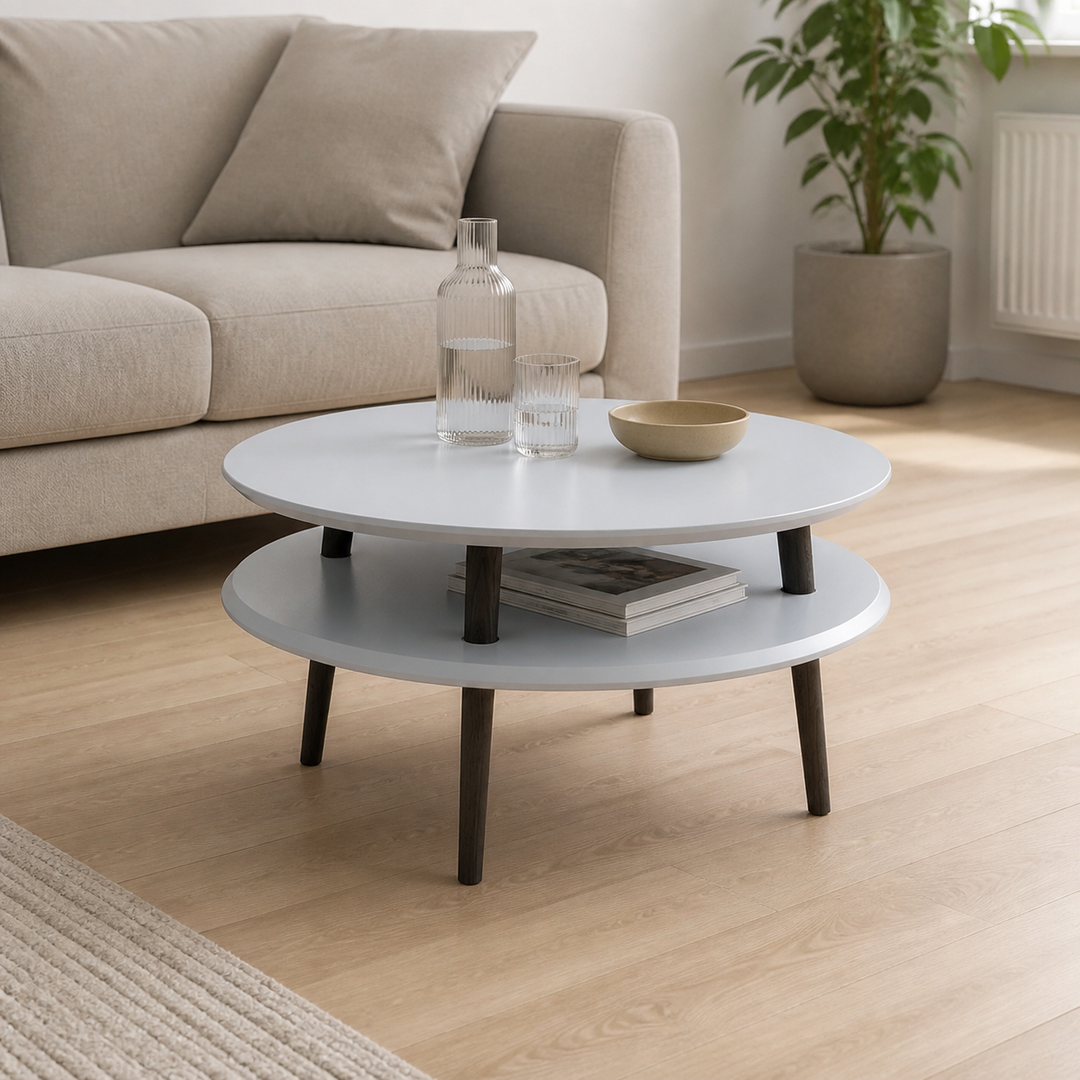 UFO Sofabord diameter 70cm x Højde 35cm - Lysegrå/Sorte Ben – hero i naturlig brug